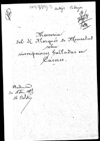 Portada:Carpetilla de expediente sobre la memoria del Marqués de Monsalud acerca de unas inscripciones halladas en Cáceres