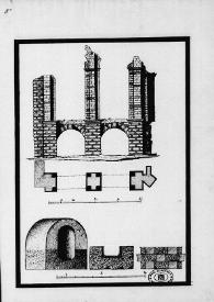 Portada:Dibujo a tinta del alzado y planta de un tramo del acueducto de los Milagros de Mérida, sección del especulum y detalle del tipo constructivo