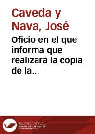 Portada:Oficio en el que informa que realizará la copia de la inscripción más antigua de Cangas de Onís, la cual fue publicada por su padre en 1790 con diferente lectura