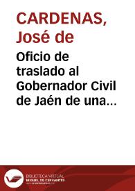 Portada:Oficio de traslado al Gobernador Civil de Jaén de una notificación sobre la creación de una Comisión especial para la construcción de un monumento conmemorativo a la ciudad de Cástulo.