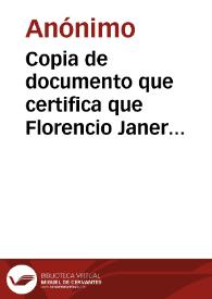 Portada:Copia de documento que certifica que Florencio Janer ha confeccionado el catálogo de los objetos arqueológicos y etnográficos que se custodian en el Museo de Ciencias Naturales