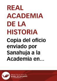 Portada:Copia del oficio enviado por Sanahuja a la Academia en el que describe el descubrimiento de una construcción abovedada en las obras de la Rambla Nueva de Tarragona.