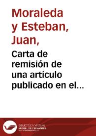 Portada:Carta de remisión de una artículo publicado en el periódico El Castellano, de Toledo,  acerca de la Ermita del Santo Cristo de la Luz.