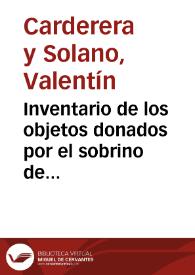 Portada:Inventario de los objetos donados por el sobrino de Juan Corominas, Canónigo de Burgos.