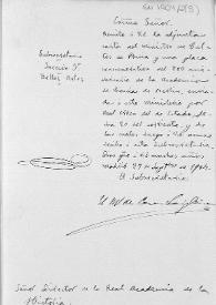 Portada:Oficio de remisión de una carta del Ministro de Cultos de Prusia junto a la placa de bronce conmemorativa del 2º centenario de la Academia de Ciencias de Berlín, de lo que solicita acuse de recibo.