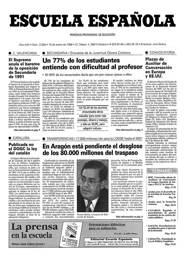 Escuela española. Año LVIII, núm. 3350, 15 de enero de 1998 | Biblioteca Virtual Miguel de Cervantes