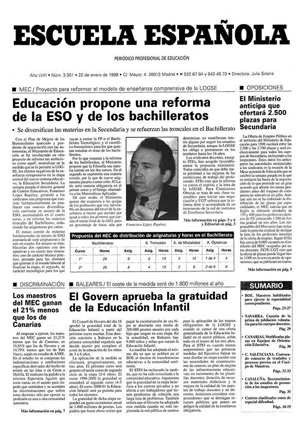 Escuela española. Año LVIII, núm. 3351, 22 de enero de 1998 | Biblioteca Virtual Miguel de Cervantes