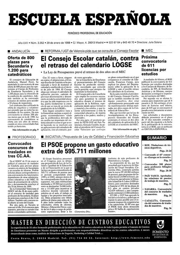 Escuela española. Año LVIII, núm. 3352, 29 de enero de 1998 | Biblioteca Virtual Miguel de Cervantes