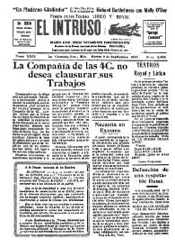 Portada:El intruso. Diario Joco-serio netamente independiente. Tomo XXIX, núm. 2856, martes 2 de septiembre de 1930