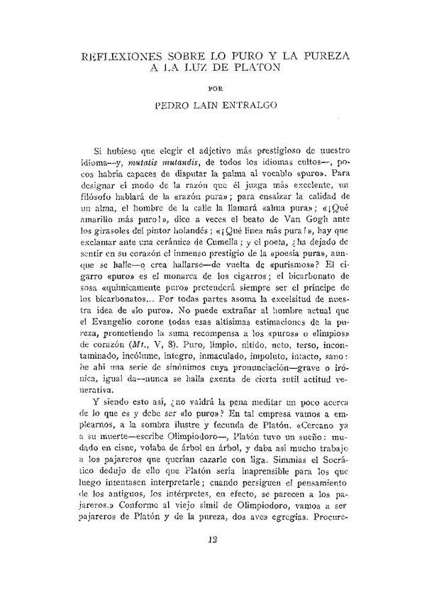 Reflexiones sobre lo puro y la pureza a la luz de Platón / por Pedro Laín Entralgo | Biblioteca Virtual Miguel de Cervantes
