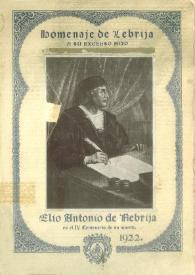 Portada:Homenaje de Lebrija a su excelso hijo Elio Antonio de Nebrija, en el IV Centenario de su muerte 1922