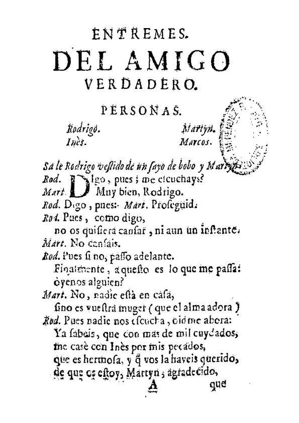 Entremes. Del amigo verdadero / [Andrés Gil Enríquez] | Biblioteca Virtual Miguel de Cervantes