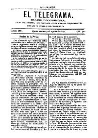 Portada:El Telegrama : diario progresista. Año III, núm. 526, viernes 7 de agosto de 1891