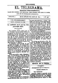 Portada:El Telegrama : diario progresista. Año III, núm. 572, miércoles 8 de octubre de 1891 [sic]