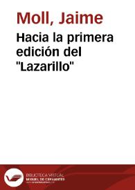 Portada:Hacia la primera edición del \"Lazarillo\" / Jaime Moll