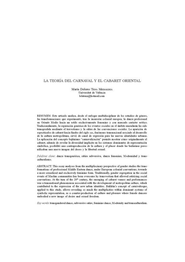 La teoría del carnaval y el cabaret oriental / María Dolores Tena Medialdea | Biblioteca Virtual Miguel de Cervantes