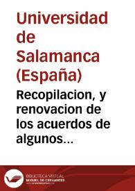 Portada:Recopilacion, y renovacion de los acuerdos de algunos claustros de señor primicerio, pertenecientes à la asistencia à las Fiestas de Capilla, y otras funciones de su Ministerio ...