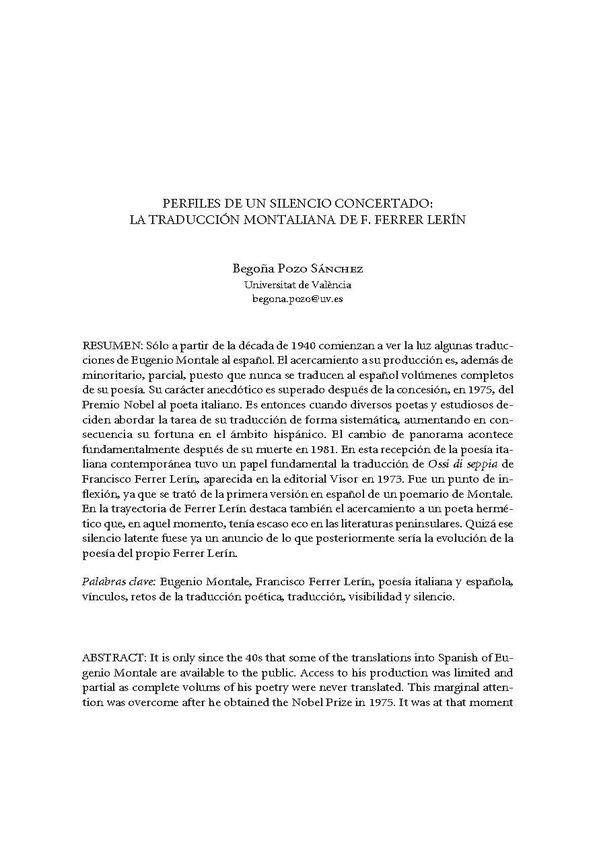 Perfiles de un silencio concertado: la traducción montaliana de F. Ferrer Lerín / Begoña Pozo Sánchez | Biblioteca Virtual Miguel de Cervantes