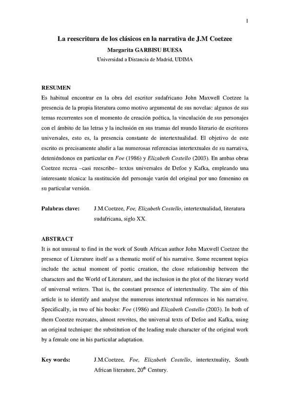 La reescritura de los clásicos en la narrativa de J. M. Coetzee / Margarita Garbisu Buesa | Biblioteca Virtual Miguel de Cervantes