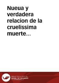 Portada:Nueua y verdadera relacion de la cruelissima muerte que ha padecido en Argel el padre... Francisco Cirano, religioso conventual de San Francisco... [Texto impreso] : impressa en Napoles en lengua italiana este... año de 1664, y... traduzido en lengua castellana.