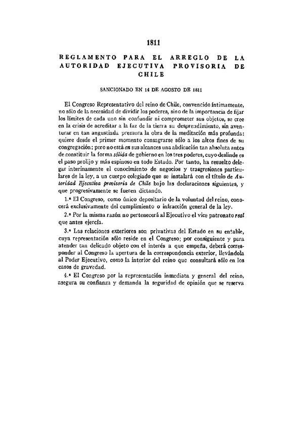 Reglamento para el arreglo de la autoridad ejecutiva provisoria de Chile, 1811 | Biblioteca Virtual Miguel de Cervantes