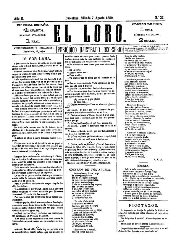 El Loro : periódico ilustrado joco-serio. Núm. 37, 7de agosto de 1880 | Biblioteca Virtual Miguel de Cervantes