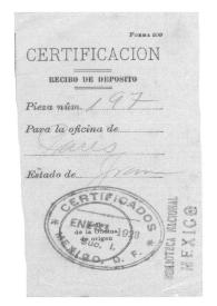 Portada:[Certificación de recibo de depósito para la oficina de París (Francia), 31 de enero de 1923 ]