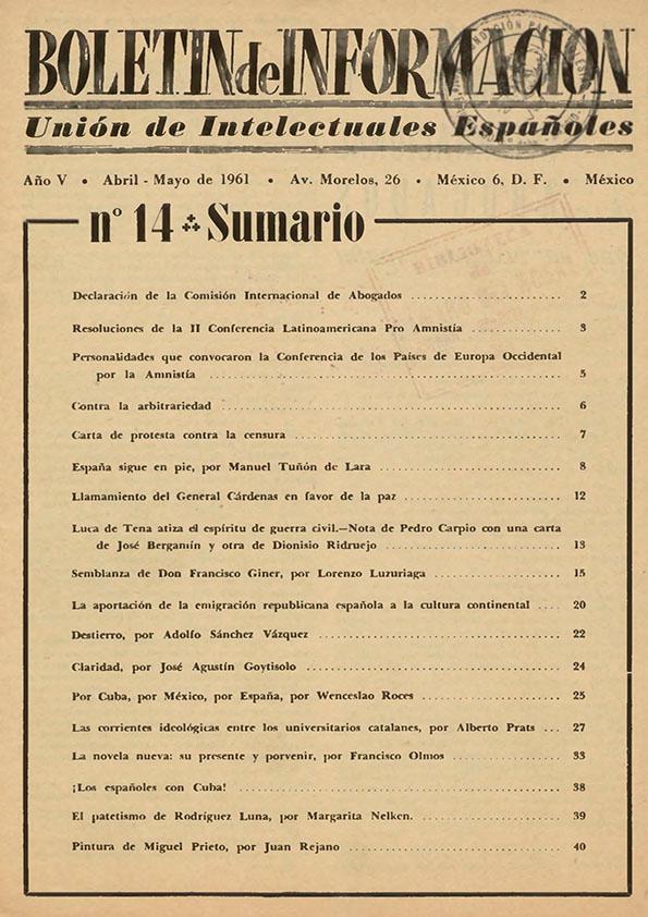 Boletín de información : Unión de intelectuales españoles. Año V, núm. 14, abril-mayo de 1961 | Biblioteca Virtual Miguel de Cervantes