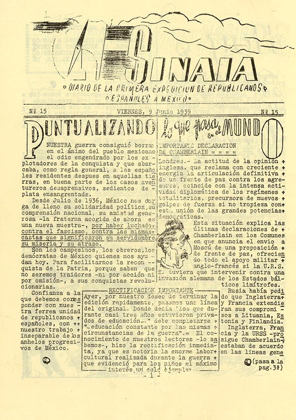 Sinaia : diario de la primera expedición de republicanos españoles a México. Núm. 15, 9 de junio de 1939 | Biblioteca Virtual Miguel de Cervantes