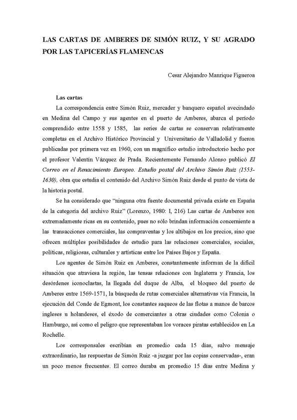 Las cartas de Amberes de Simón Ruiz, y su agrado por las tapicerías flamencas / César Alejandro Manrique Figueroa | Biblioteca Virtual Miguel de Cervantes