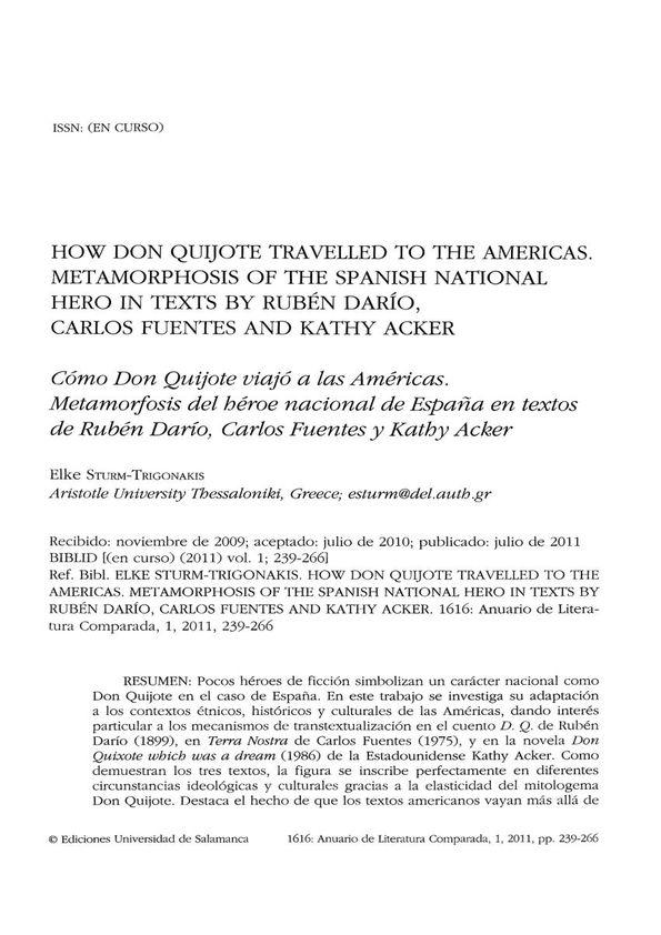 How Don Quijote travelled to the Americas. Metamorphosis of the spanish national. Hero in texts by Rubén Darío, Carlos Fuentes and Kathy Acker / Elke Sturm-Trigonakis | Biblioteca Virtual Miguel de Cervantes