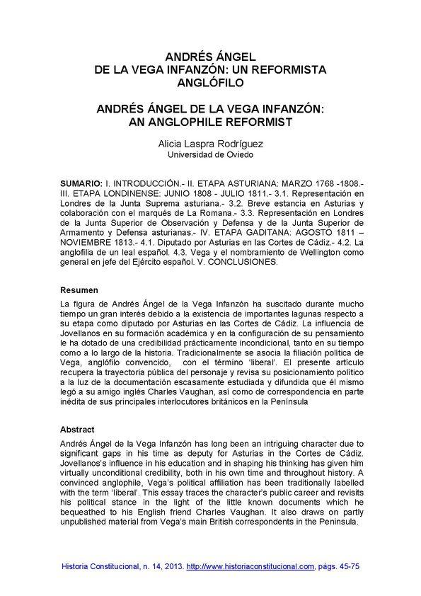 Andrés Ángel de la Vega Infanzón: un reformista anglófilo / Alicia Laspra Rodríguez | Biblioteca Virtual Miguel de Cervantes