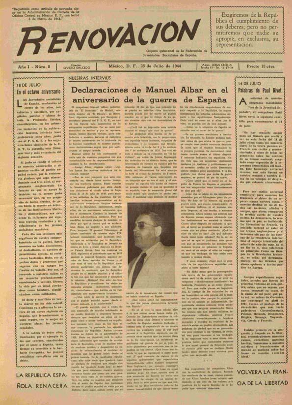Renovación (México D. F.) : Órgano de la Federación de Juventudes Socialistas de España. Año I, núm. 8, 25 de julio de 1944 | Biblioteca Virtual Miguel de Cervantes