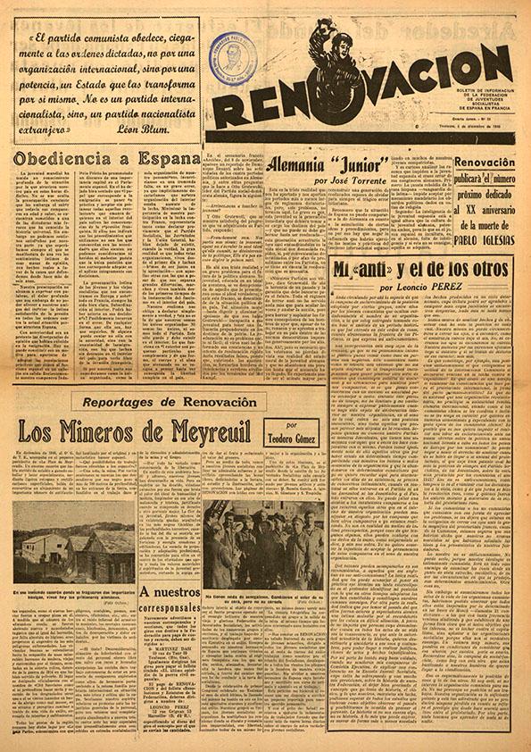 Renovación (Toulouse) : Boletín de Información de la Federación de Juventudes Socialistas de España. Núm. 21, 5 de diciembre de 1945 | Biblioteca Virtual Miguel de Cervantes