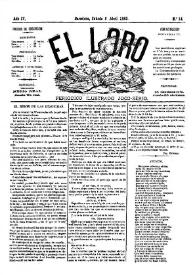 Portada:El Loro : periódico ilustrado joco-serio. Núm. 14, 8 de abril de 1882