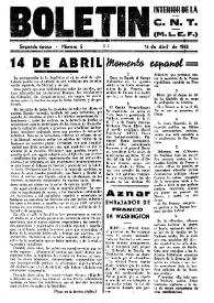 Portada:CNT : Boletín Interior del Movimiento Libertario Español en Francia. Segunda época, núm. 5, 14 de abril de 1945