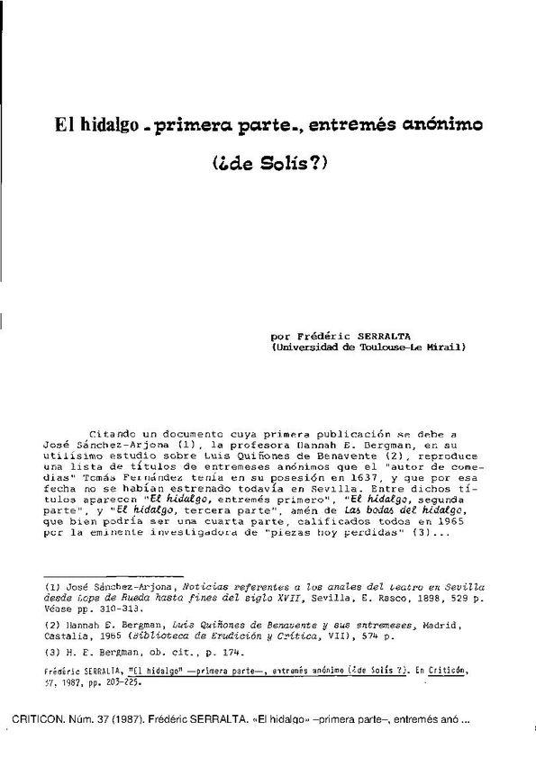 "El hidalgo" -primera parte-, entremés anónimo (¿de Solís?) / Frédéric Serralta | Biblioteca Virtual Miguel de Cervantes