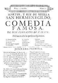 Portada:Martyr, y rey de Sevilla San Hermenegildo : comedia famosa [entre 1724 y 1756] / de Don Fernando de Zarate