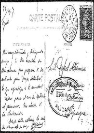 Portada:Tarjeta postal de P. Salvat a Rafael Altamira. 16 de agosto de 1907
