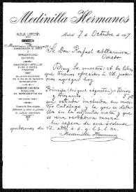 Portada:Carta de Medinilla Hermanos a Rafael Altamira. Madrid, 7 de octubre de 1907
