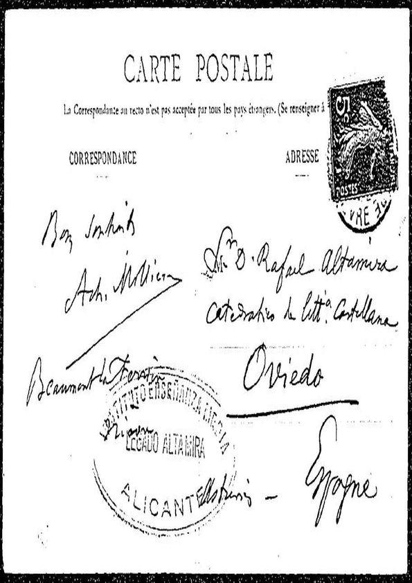 Tarjeta postal de Achelli Millien a Rafael Altamira | Biblioteca Virtual Miguel de Cervantes