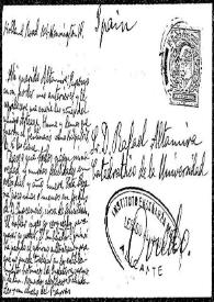 Portada:Tarjeta postal de [Francisco de las] Barras a Rafael Altamira