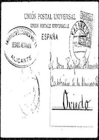 Portada:Tarjeta postal de María, Paco y Paca a Rafael Altamira. Valencia, 1908