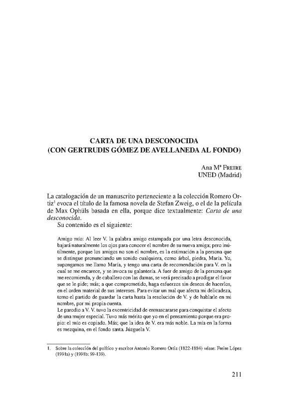 Carta de una desconocida (con Gertrudis Gómez de Avellaneda al fondo) / Ana Mª Freire López | Biblioteca Virtual Miguel de Cervantes