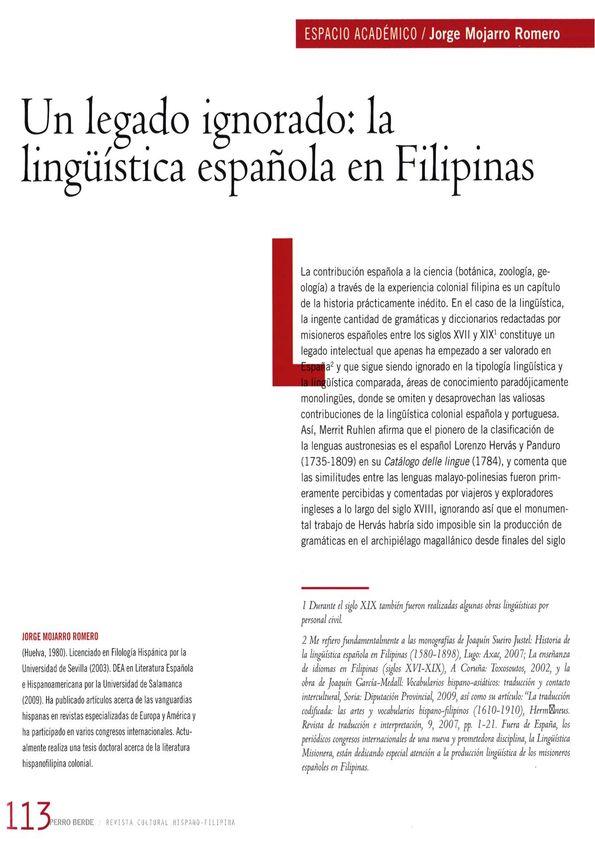 Un legado ignorado: la lingüística española en Filipinas / Jorge Mojarro Romero | Biblioteca Virtual Miguel de Cervantes