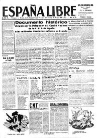 Portada:España Libre : C.N.T. Órgano del Comité de Relaciones de la Confederación Regional del Centro de Francia. A.I.T. Año I, núm. 5, 18 de noviembre de 1945