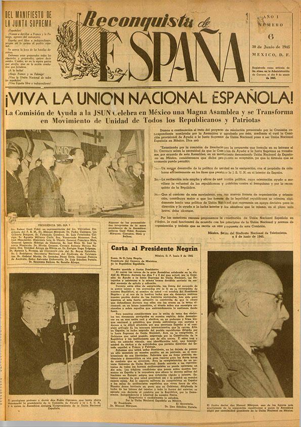 Reconquista de España : Periódico Semanal. Órgano de la Unión Nacional Española en México. Año I, núm. 6, 30 de junio de 1945 | Biblioteca Virtual Miguel de Cervantes