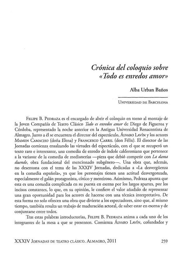 Crónica sobre el coloquio sobre "Todo es enredos amor" / Alba Urban Baños | Biblioteca Virtual Miguel de Cervantes