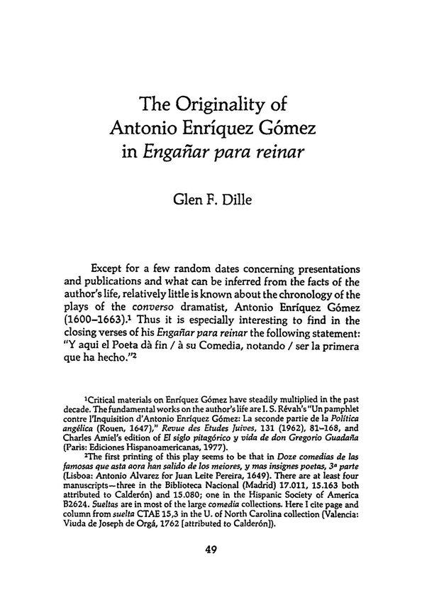 The Originality of Antonio Enríquez Gómez in "Engañar para reinar" / Glen F. Dille | Biblioteca Virtual Miguel de Cervantes