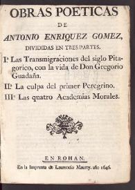 Portada:Obras poéticas / de Antonio Enríquez Gómez, dividida en tres partes